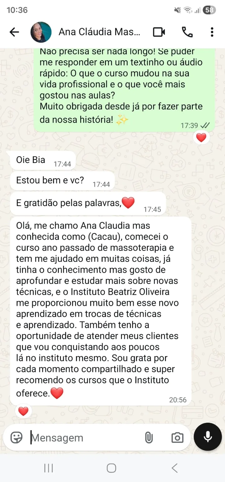 Mensagem de Ana Cláudia (Cacau) recomendando o curso, no WhatsApp