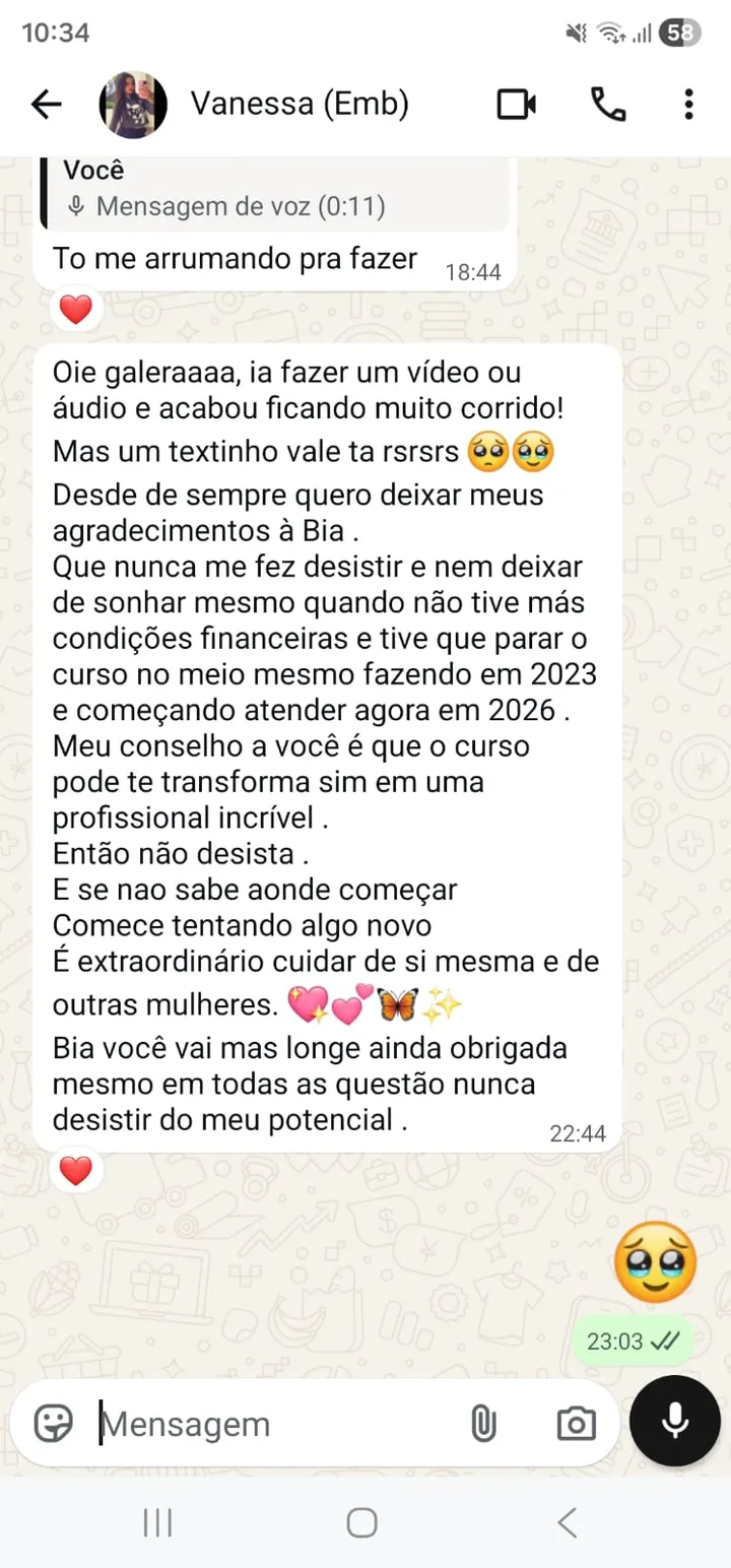 Mensagem de Vanessa agradecendo o curso, no WhatsApp
